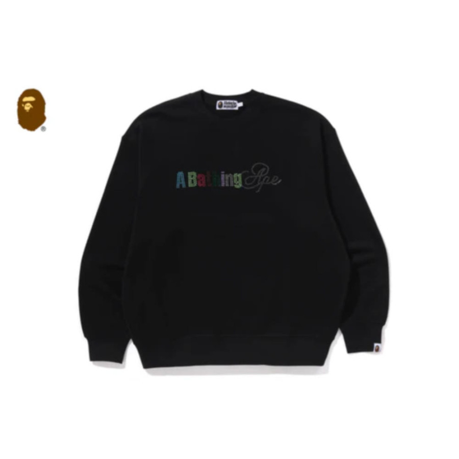 베이프 라인스톤 로고 릴렉스핏 크루넥 스웻셔츠 블랙 1L30113309