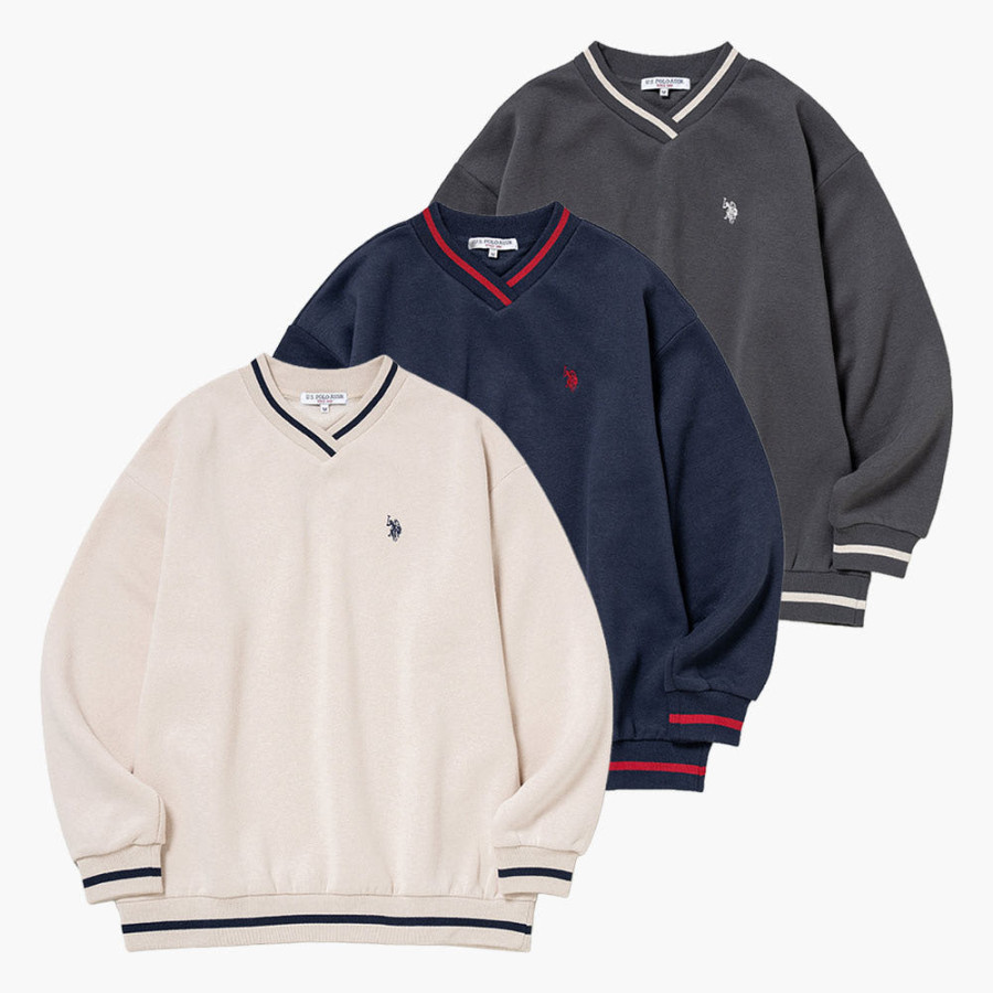 U.S. POLO ASSN. 유에스폴로에센 라인 리브 브이넥 스웨트셔츠 더블 호스맨 자수 3컬러 PLL53303