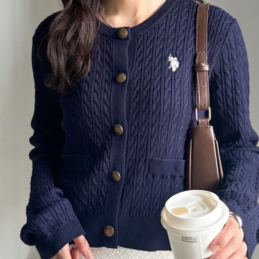 U.S. POLO ASSN. 유에스폴로에센 골드 버튼 자수 케이블 니트 가디건 4컬러 720650