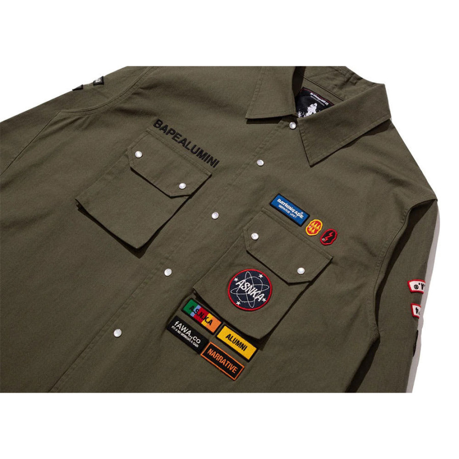 베이프 BY 쿠라이시 카즈키 멀티 패치 밀리터리 LS 셔츠 올리브 드라브 1L83131901