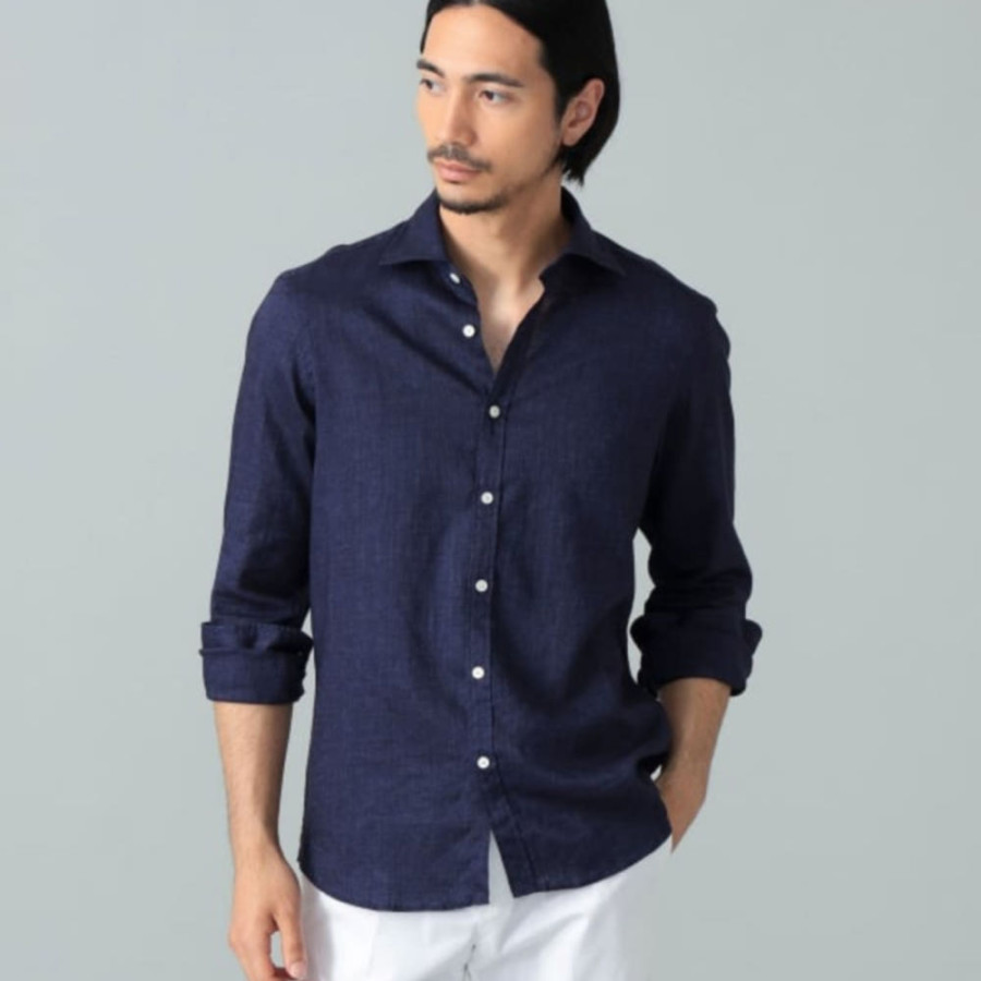 빔즈 Brilla per il gusto 린넨 내추럴 스트레치 와이드 카라 셔츠 네이비 24-11-0747-306