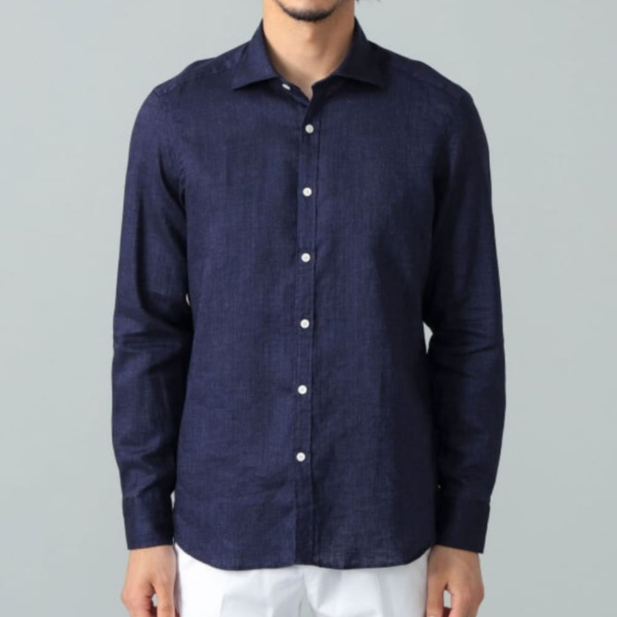 빔즈 Brilla per il gusto 린넨 내추럴 스트레치 와이드 카라 셔츠 네이비 24-11-0747-306