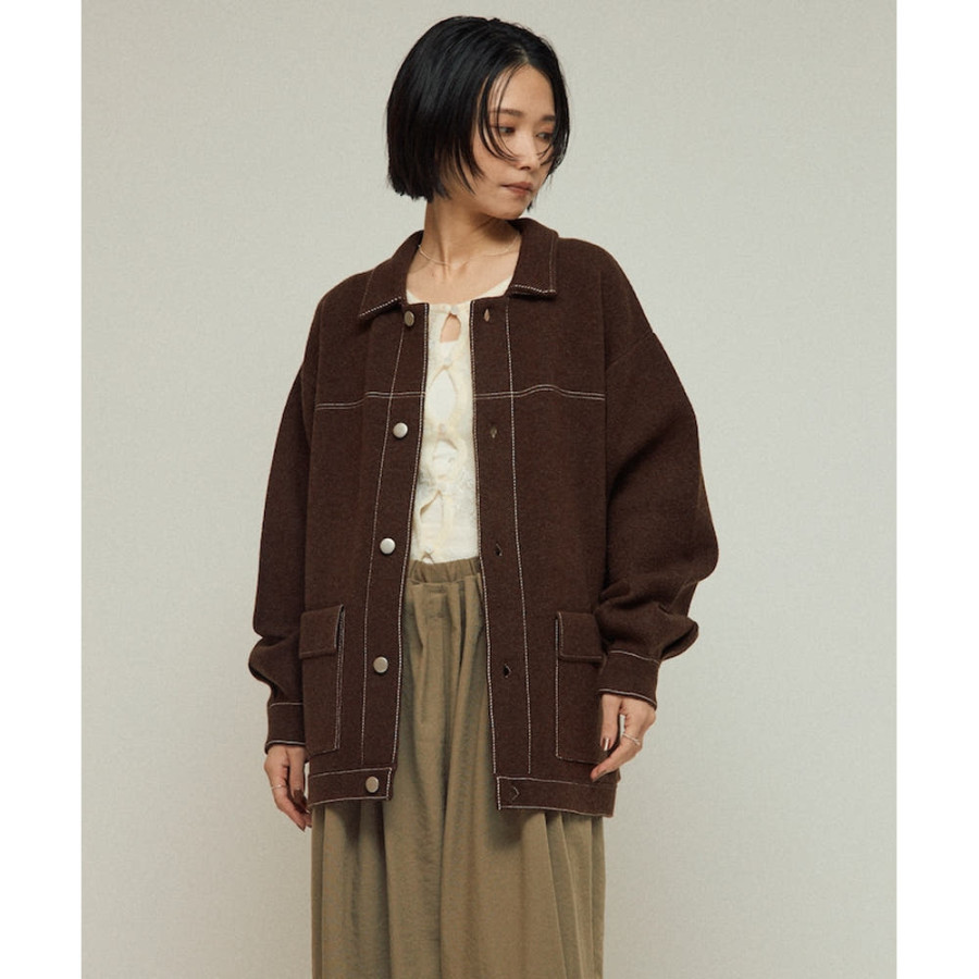 퍼스트핸드 오버사이즈 울 혼방 니트 커버올 배색 스티치 니트 자켓 3컬러 3432234400021